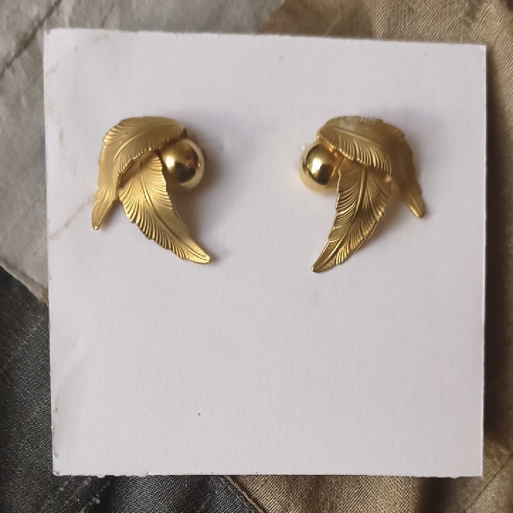 Gold Feather Ball Stud Earrings for Women